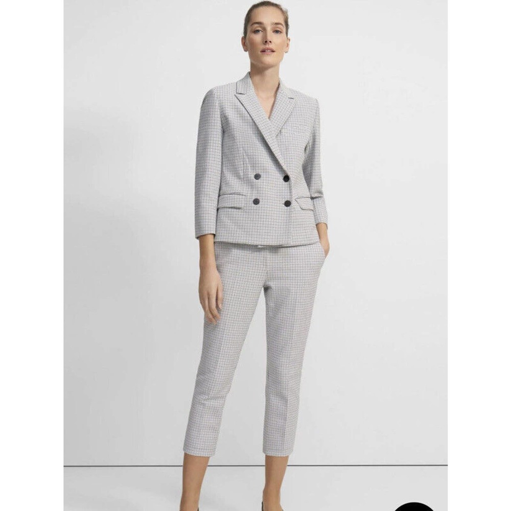 Theory Shrunken Double-Breasted Blazer in Double-Face Grid Cotton